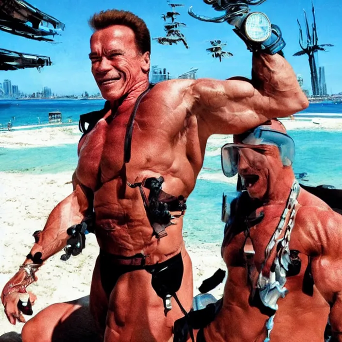 Image similar to arnold schwarzenegger having fun at a cyberpunk beach, futuristic cyberpunk, detailed photo