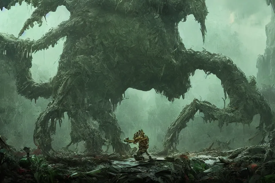 Prompt: huge jungle slime monster, apocalyptic goo creature, character art by Greg Rutkowski, 4k digital render