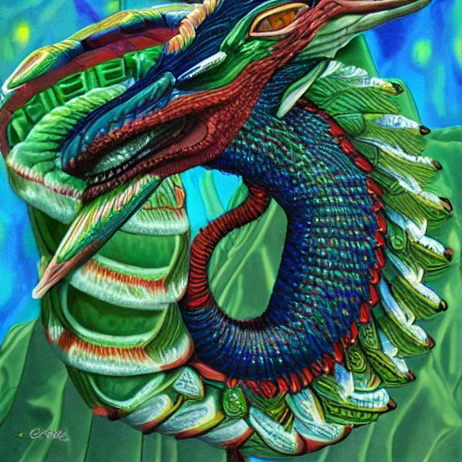 Image similar to realistic portrait of quetzalcoatl, Canon 5000