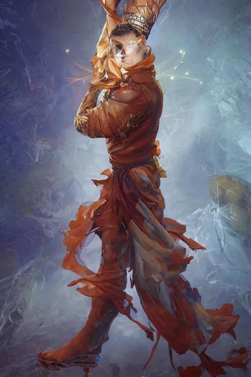 Image similar to portrait of the jailer god dancer wearing expensive scarf by artgerm and Craig Mullins, James Jean, Andrey Ryabovichev, Mark Simonetti and Peter Morbacher 16k