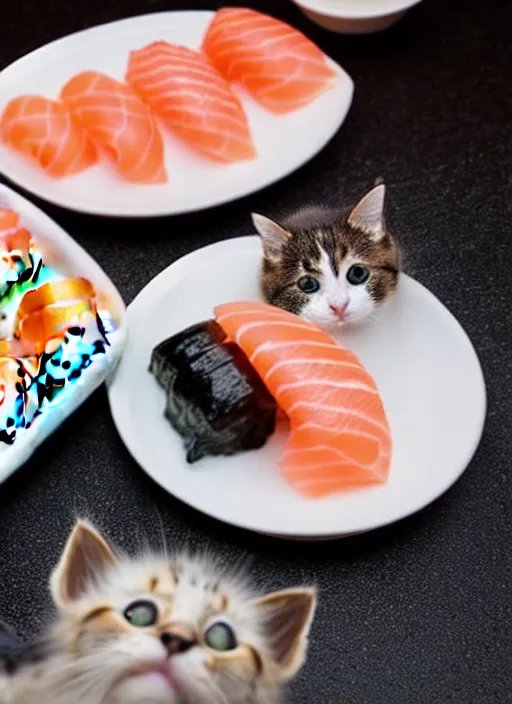 Image similar to clear photograph of cute cats stealing sushi from sushi plates