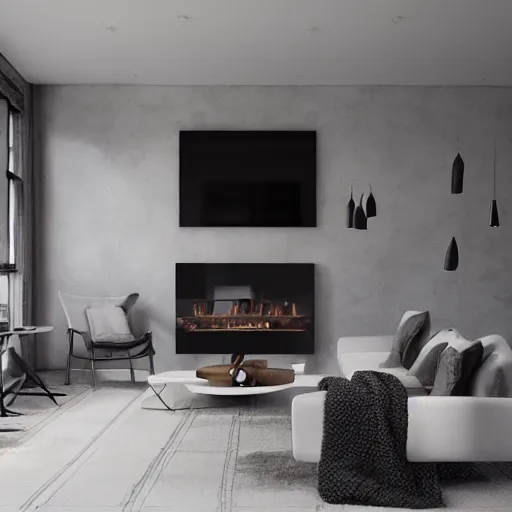 Prompt: cosy fireplace, modern home design interior, living room with couches, octane render, hyperrealistic, concrete archetecture, vray, volumetric lighting, cinema 4 d, unreal engine