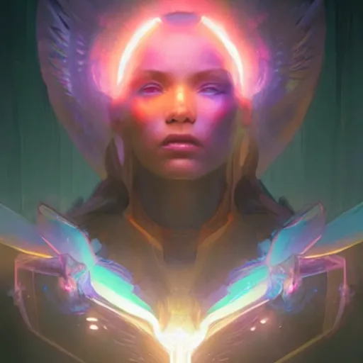 Image similar to portrait of a beautiful dark seraphim female futuristic angel, volume lighting, concept art, by greg rutkowski!!, colorful, xray melting colors!!