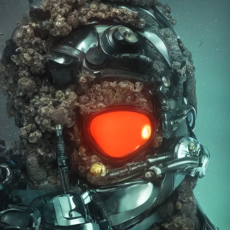 Image similar to octane render portrait by wayne barlow and carlo crivelli and glenn fabry, subject is a shiny reflective tactical black ops futuristic scuba diver with small lights inside helmet, surrounded by bubbles inside an exotic alien coral reef aquarium full of exotic fish, cinema 4 d, ray traced lighting, very short depth of field, bokeh