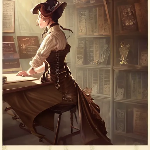 Image similar to a steampunk detective woman sitting in her office writing on a piece of paper | | cute - fine - face, pretty face, fine details by stanley artgerm lau, wlop, rossdraws, james jean, andrei riabovitchev, marc simonetti, and sakimichan, trending on artstation