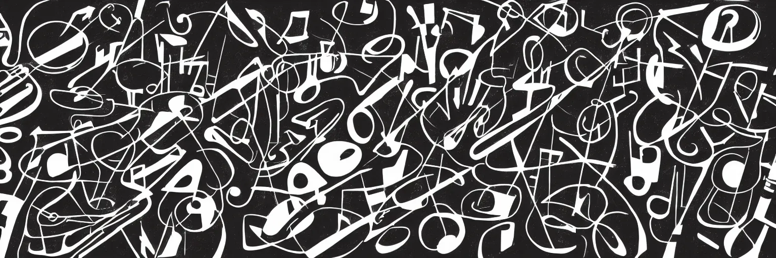 Prompt: visual representation of be - bop jazz music, 5 0 % transparent black and white, abstract, dark, unreal, insightful, philosophical, multiple musical instruments, moma museum,