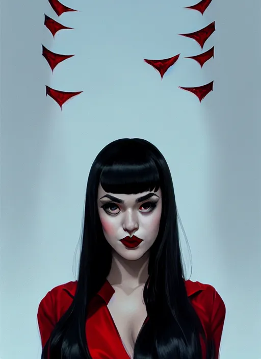 Image similar to portrait of vampire veronica lodge with bangs, vampire fangs, vampire, long hair, red clothes, bangs, vampironica, intricate, elegant, glowing lights, highly detailed, digital painting, artstation, concept art, smooth, sharp focus, illustration, art by wlop, mars ravelo and greg rutkowski