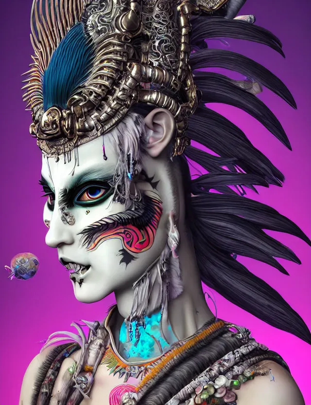 Image similar to 3 d photo realistic goddess close - up profile portrait punk with mohawk with ram skull. beautiful intricately detailed japanese crow kitsune mask and clasical japanese kimono. betta fish, jellyfish phoenix, bio luminescent, plasma, ice, water, wind, creature, artwork by tooth wu and wlop and beeple and greg rutkowski