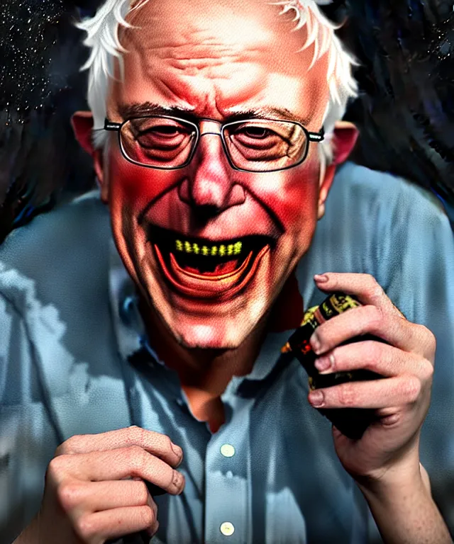 Image similar to hyperrealistic mixed media painting of Bernie Sanders as a laughing drunk, tattered plaid shirt, dimly lit dive bar, scattered empty beer bottles, stunning 3d render inspired art by P. Craig Russell and Barry Windsor-Smith + perfect facial symmetry + dim volumetric lighting, 8k octane beautifully detailed render, post-processing, extremely hyperdetailed, intricate, epic composition, grim yet sparkling atmosphere, cinematic lighting + masterpiece, trending on artstation, very very detailed, masterpiece, stunning