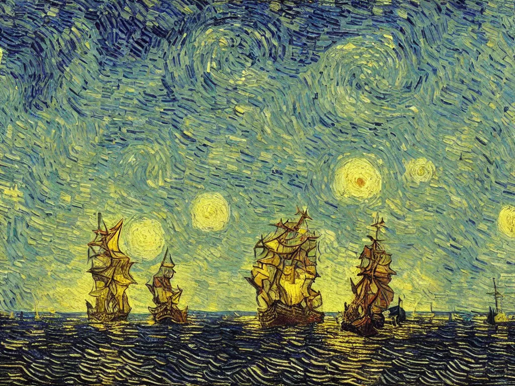 Image similar to oil painting of a viking longship invading new york harbor at night, light scatter, van gogh