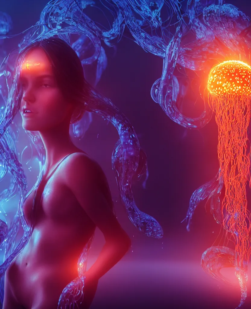 Image similar to close-up portrait of a beautiful girl floating in ethereum surrounded by floating jellyfish, energy flows of fire and water, flashes of plasma, 3d with depth of field, blurred background, a highly detailed epic cinematic concept art CG render. made in Maya, Blender and Photoshop, octane render, excellent composition, cinematic dystopian brutalist atmosphere, dynamic dramatic cinematic lighting, aesthetic, very inspirational, arthouse. y Greg Rutkowski, Ilya Kuvshinov, WLOP, Stanley Artgerm Lau, Ruan Jia and Fenghua Zhong