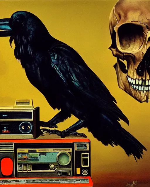 Prompt: a raven skull observing 8 0 s era technology, vintage shapes, retro technology, vintage color, wayne barlow, oil on canvas, deep depth of field, masterpiece, cinematic composition, hyperdetailed