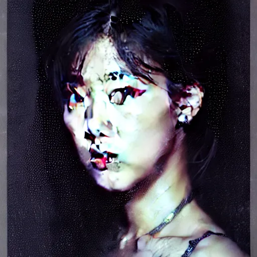 Image similar to roseanne park of blackpink, hyperrealistic portrait, bladerunner street, by karol bak and agnes cecile, fantasy art, photo realistic, dynamic lighting, artstation, poster, volumetric lighting, very detailed face, intricate complexity, rule of thirds, 8 k, award winning