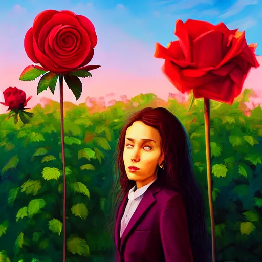 Image similar to closeup, huge rose flower head, portrait, girl in a suit, surreal photography, sunrise, blue sky, dramatic light, impressionist painting, digital painting, artstation, simon stalenhag