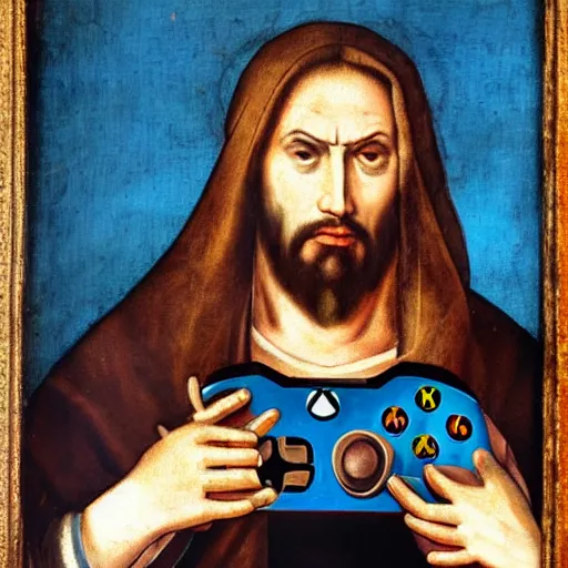 Prompt: 16th century painting of angry looking Jesus with a headset on holding a xbox controller playing a videogame