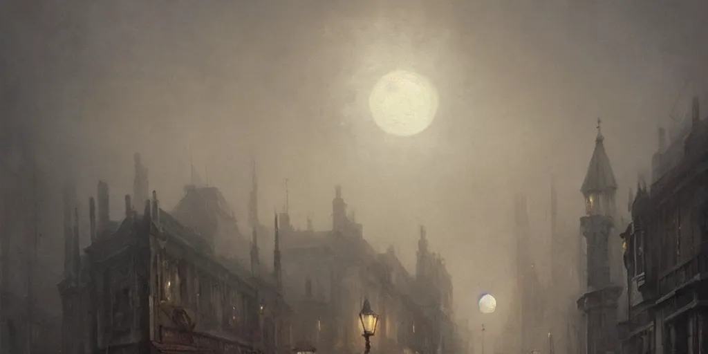 Image similar to A hyper realistic oil painting of a moon hanging over a victorian age city, view from the streets, fog, creepy atmosphere, moody cinematic lighting, focus on the moon, hyper detailed, by greg rutkowski, trending on artstation