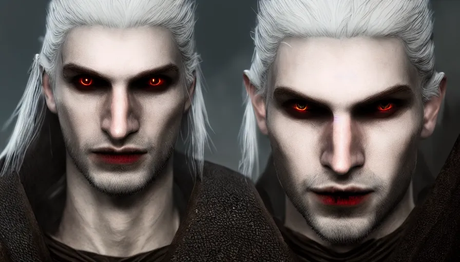 Image similar to a digital art portrait of a young pale vampire warrior with red eyes character design from dark souls, old inquisition witcher character sheet, 4 k, ultra detail, volumetric lighting, unreal engine, octane render