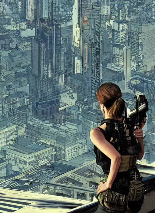 Image similar to Dinah. USN special forces operator looking at city skyline. Agent wearing Futuristic stealth suit. rb6s Concept art by James Gurney, Alphonso Mucha, matt rhodes.