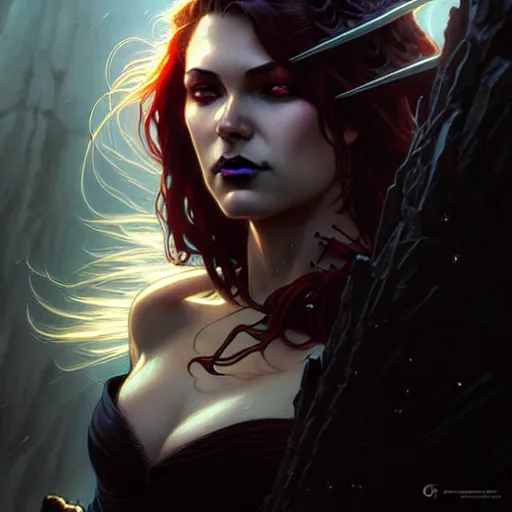 Image similar to An epic fantasy comic book style portrait of a female vampire, stormy setting, movie lightning, intricate, elegant, highly detailed, digital painting, artstation, concept art, matte, sharp focus, illustration, art by Artgerm and Greg Rutkowski and Alphonse Mucha