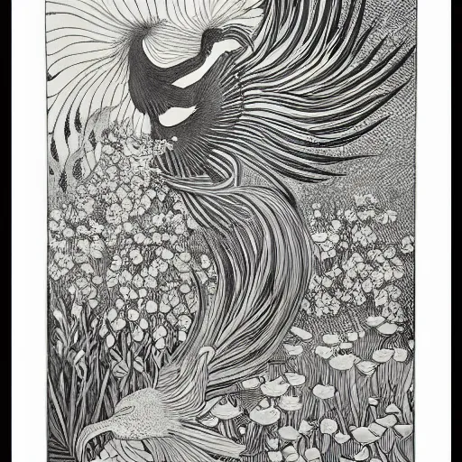 Prompt: A phoenix in fire bathes where water lilies are floating, lithography by Aubrey Beardsley, High definition, detailed,