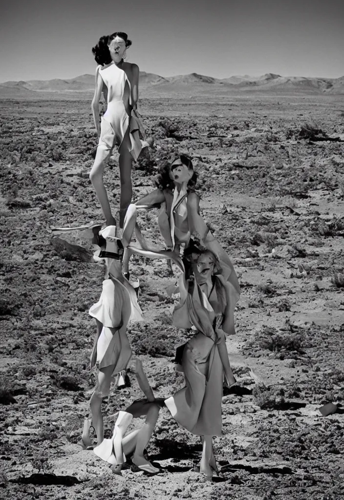Prompt: fashion editorial on Nevada nuclear bomb test site. 1956. highly detailed. depth of field. high definition. 8k. photography.