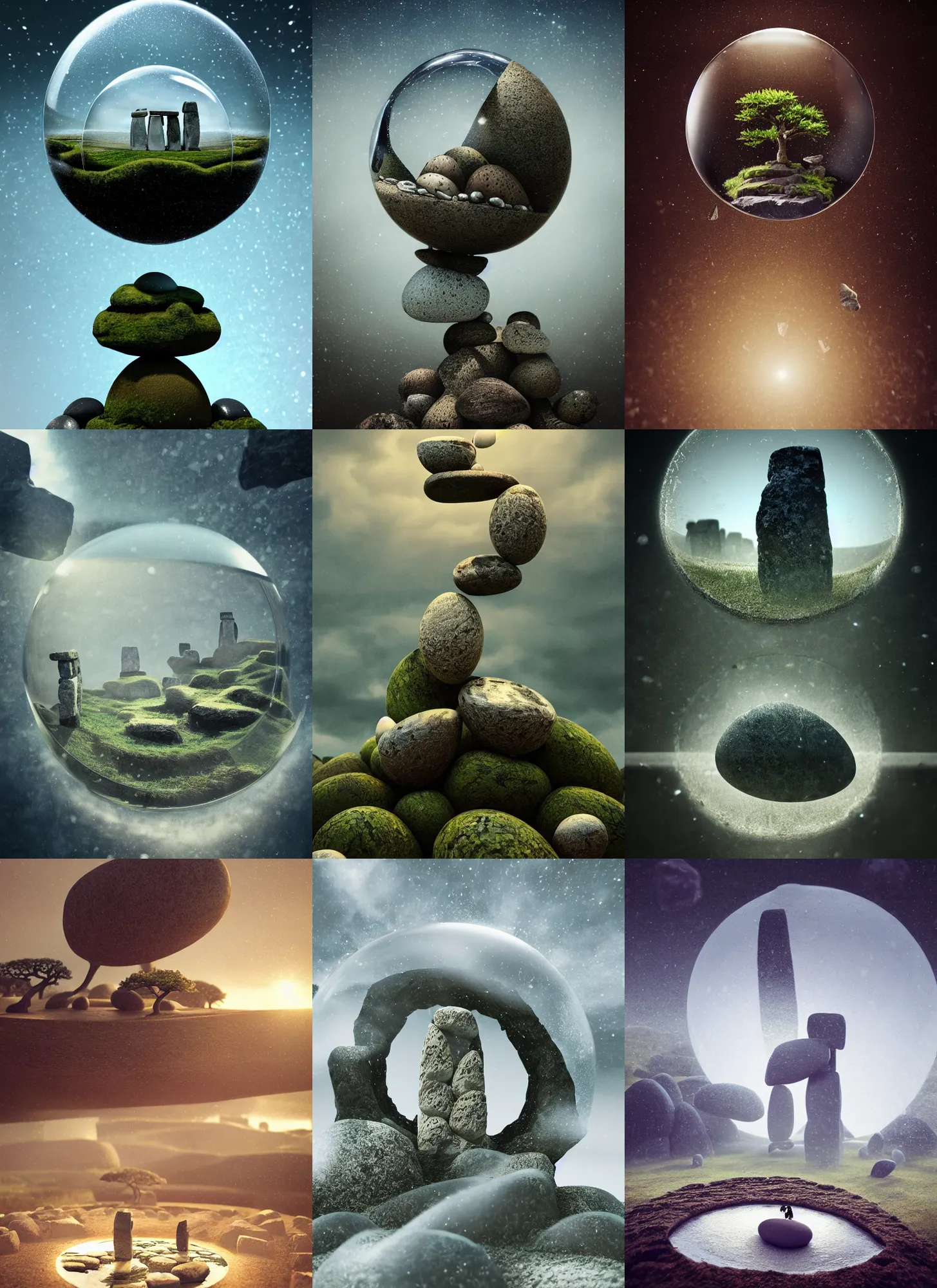 Prompt: stonehenge bonsai world inside of an eggshell, hourglass, galaxy, water droplet, intricate detail, volumetric lighting, epic composition, hyper detailed, ultra realistic, sharp focus, octane render, volumetric, ray tracing, artstation trending, cgsociety, sense of awe, swirling mist, 4 k