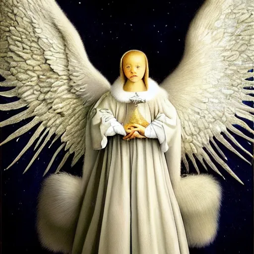 Image similar to highdetailed hyperrealistic painting of white angel in the hood!!!!, giant ball of miracle light from the chest!!!!!, 4 k hd fur face!!!, big wings, by jan van eyck, holography space, white sparkles everywhere, thin strokes, high textures, silver background