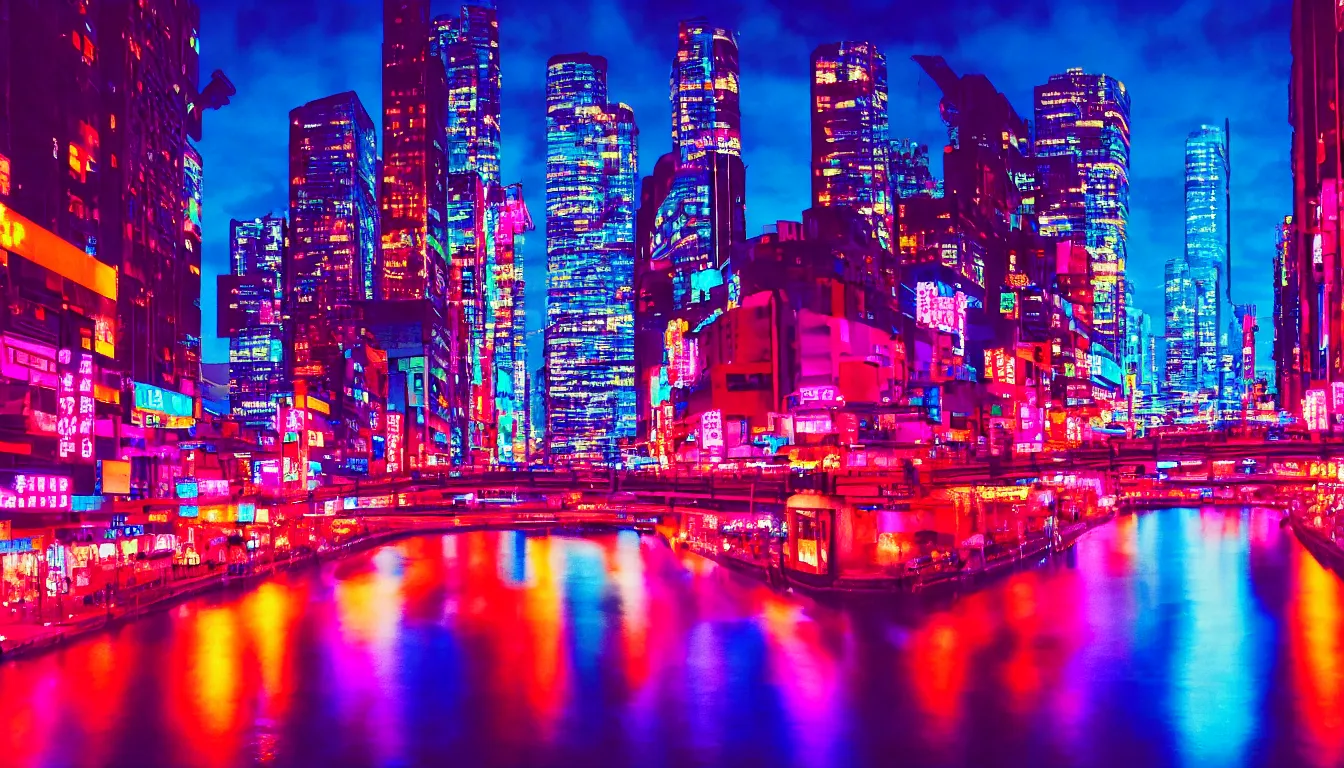 Prompt: 80s neon movie still, woman wearing a kimono looks over a river, city with neon lights is in front of her. movie still. hyperrealistic, high definition, medium format photography, highly detailed, tehnicolor, anamorphic 50mm lens