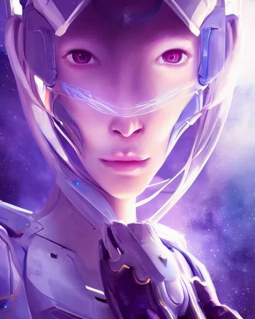 Image similar to perfect android girl on a mothership, warframe armor, beautiful face, scifi, futuristic, galaxy, nebula, raytracing, dreamy, long white hair, blue cyborg eyes, sharp focus, cinematic lighting, highly detailed, artstation, divine, by gauthier leblanc, kazuya takahashi, huifeng huang