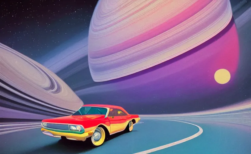 Image similar to a retro photo of a cool car driving on saturn's rings, colorful, vibe, bloom, bloomy