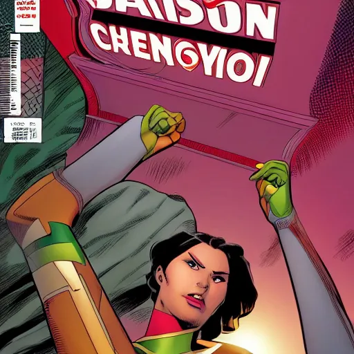 Image similar to Vision by Marvel Comics working as a 7/11 cashier, wide wide shot, very detailed, beautiful lighting