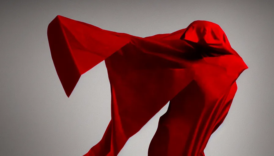 Image similar to enigmatic figure wrapped in red sheet in darkness, high contrast, hard light, digital art, rendering, cloth simulation, redshift