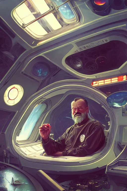 Prompt: painting of philip k. dick onboard a space ship, ultra realistic, sharp details, subsurface scattering, intricate details, warm lighting, beautiful features, highly detailed, photorealistic, octane render, 8 k, unreal engine, art by artgerm and greg rutkowski and alphonse mucha