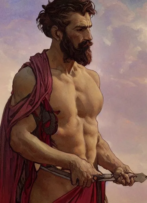 Image similar to 3 / 4 ancient greek man, painted by artgerm and greg rutkowski and alphonse mucha. clear highly detailed face, beautiful art