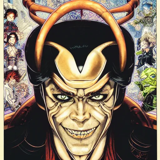 Image similar to portrait of crazy loki, symmetrical, by yoichi hatakenaka, masamune shirow, josan gonzales and dan mumford, ayami kojima, takato yamamoto, barclay shaw, karol bak, yukito kishiro