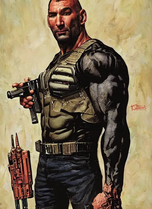 Image similar to full body and head portrait of dave bautista as the punisher, painted by norman rockwell and phil hale and greg staples and tom lovell and frank schoonover and jack kirby