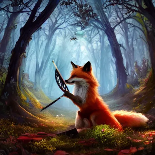 Image similar to Fox, Anthropomorphized, playing Harp in magical forest, Fearie wings, magic the gathering artwork, D&D, fantasy, cinematic lighting, centered, symmetrical, highly detailed, digital painting, artstation, concept art, smooth, sharp focus, illustration, volumetric lighting, epic Composition, 8k, art by Akihiko Yoshida and Greg Rutkowski and Craig Mullins, heroic pose, oil painting, cgsociety