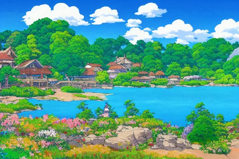 Prompt: landscape of peaceful village with azure blue lake, studio ghibli, anime background, gouche painting, lively colors