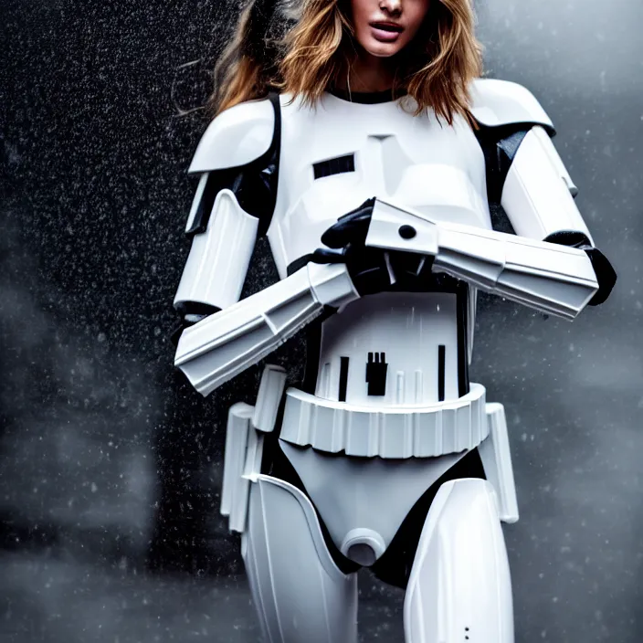 Image similar to fully body pose, photo of a very beautiful!! victoria secret model, stormtrooper helmet, wet hair, raining, 8 k, hdr, smooth, sharp focus, high resolution, award - winning photo, trending on artstation, dslr, 5 0 mm