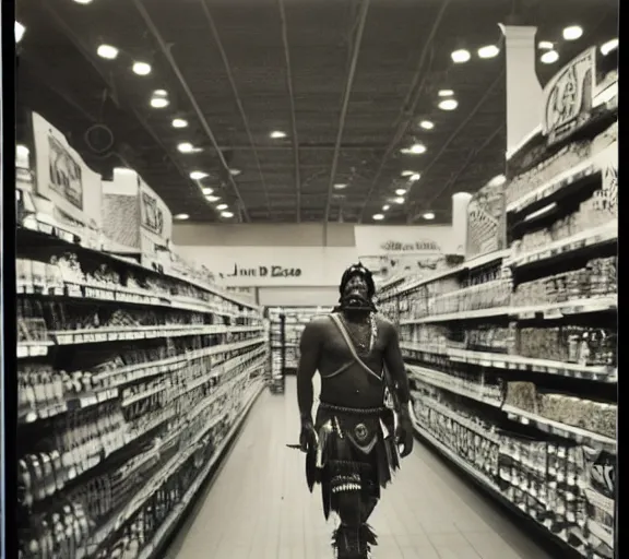 Prompt: low angle photography, maori warrior in a grocery store, deep focus, elegant, highly detailed, polaroid 6 0 0, matte, sharp focus, art by nan goldin, cinematographyby jom jarmusch