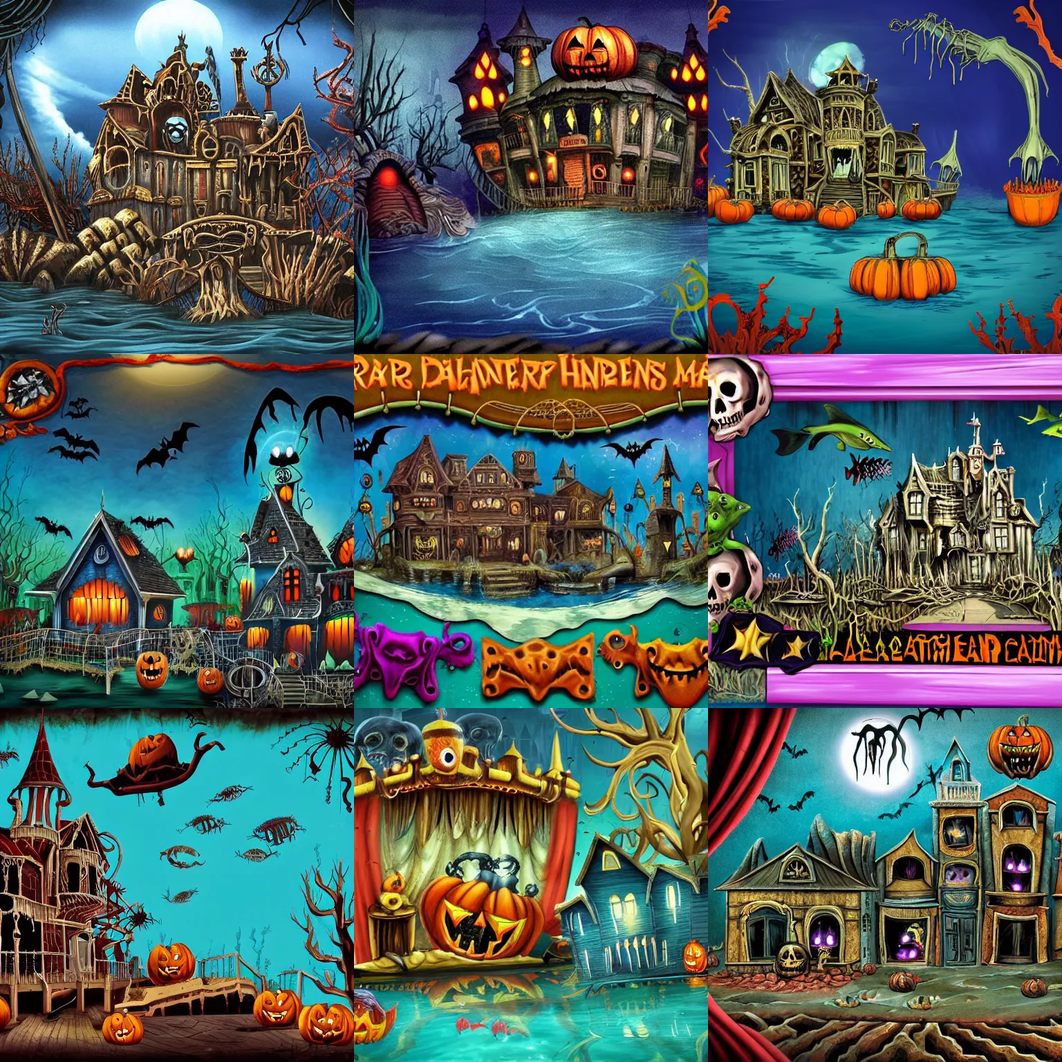 Prompt: screenshot for a painted dark cartoon background that takes place on a horror based suburban underwater amusement park that incorporates darker halloween and ocean elements in its design imagery and features intricate housing based on old vampiric manors, halloween decorations, atlantis, shipwrecks, spooky, amusement park attractions, deep sea, horror themed, fun, in the style of stephen silver and tim burton