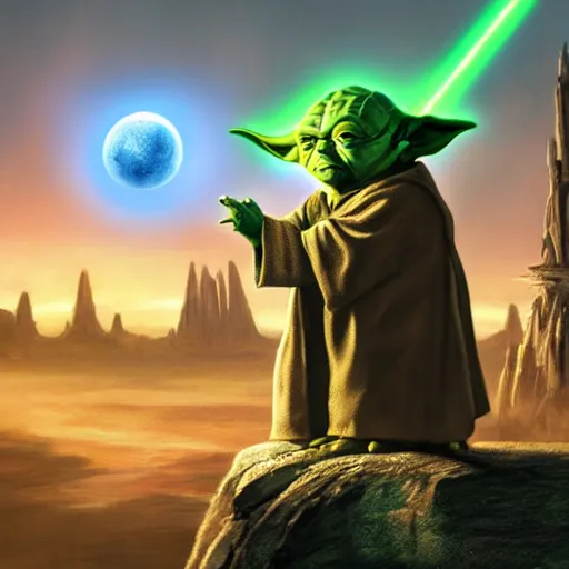 Image similar to r 2 pranking master yoda with an electric shock, huge disturbance in the force, cap canaveral background, digital art, trending on art station, high quality, uhd 8 k, beautiful, golden hour, intricate detail, high gradient, raytracing, dynamic lighting, sharp focus