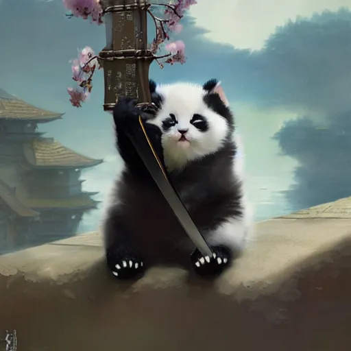 Prompt: cute kitten with panda body and cat face, in a kimono, holds a sword, artwork by greg rutkowski, highly detailed, matte painting, magic the gathering 4 k