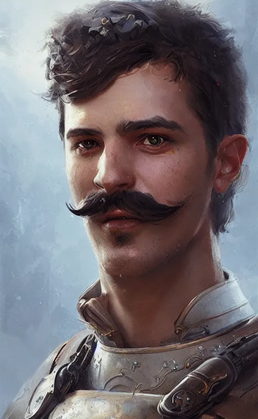 Prompt: Portrait of a Knight with a moustache, male, detailed face, fantasy, highly detailed, cinematic lighting, digital art painting by greg rutkowski