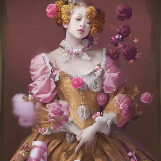 Prompt: 8 k, octane render, realism, tonalism, renaissance, rococo, baroque, portrait of a young - lady wearing long - harajuku manga - dress with flowers!!! and skulls, background - chaotic gold leaf flowers, cotton candy!!!!