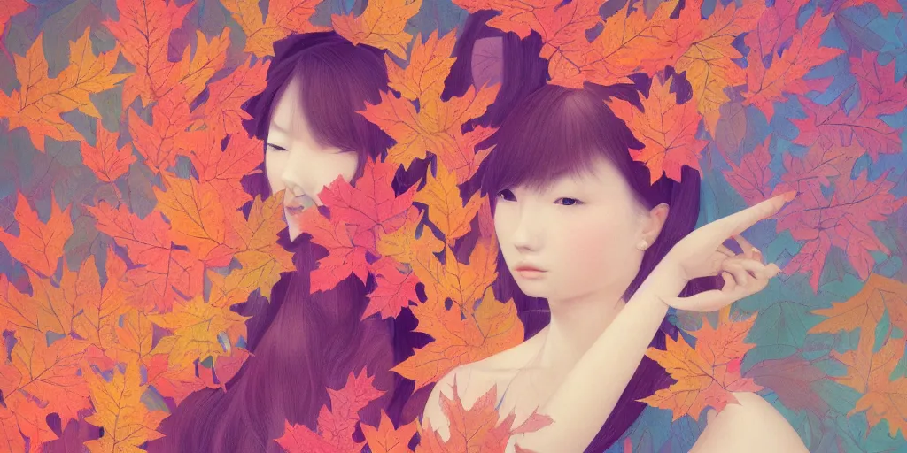 Prompt: breathtaking detailed concept art painting pattern blend of autumn leaves and girls, by hsiao - ron cheng, bizarre compositions, exquisite detail, pastel colors, 8 k