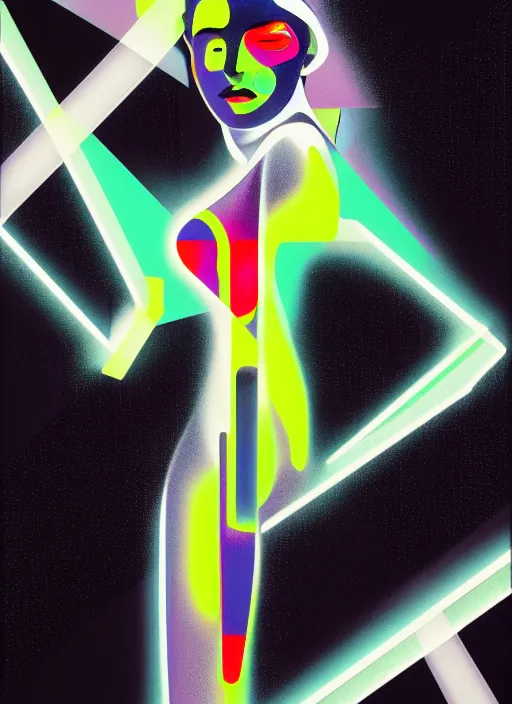 Image similar to futuristic lasers tracing, colorsmoke, laserpunk fullbodysuit, pyramid visor, raindrops, wet, oiled, beautiful cyborg girl pinup, by steven meisel, kaws, rolf armstrong, cubist perfect geometry abstract acrylic, hyperrealism photorealistic airbrush collage painting, monochrome, neon fluorescent colors, minimalist rule of thirds, eighties eros