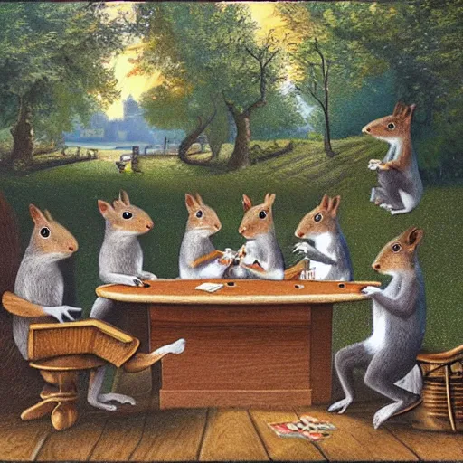 Prompt: a meeting of squirrels playing poker