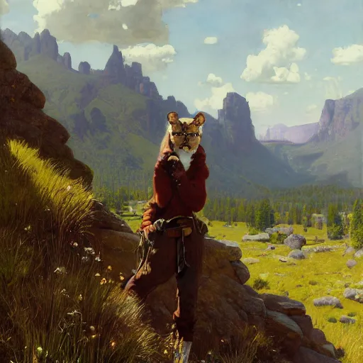 Image similar to wild west portrait of furry anthro anthropomorphic mountain lion head animal person fursona wearing clothes in the valley, sunny day, digital art by Nerdrum John, William Waterhouse, Winslow Homer, Alex Heywood, Jordan Grimmer, Darren Quach, Greg Rutkowski, Simon Stalenhag, trending on Artstation, CGSociety