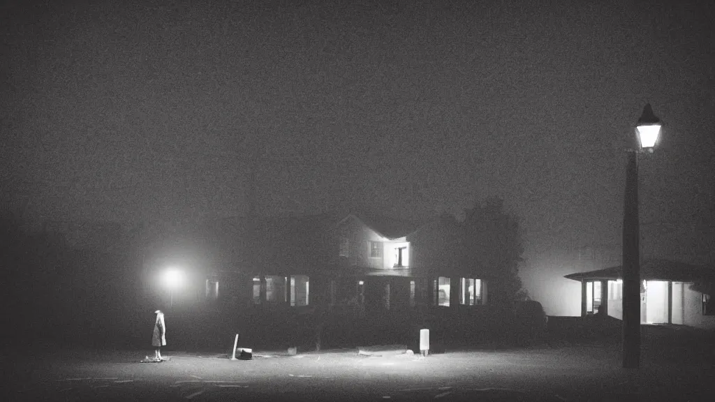 Image similar to “ quiet american neighborhood at night, a woman waiting, photography in the style of gregory crewdson, mist ”